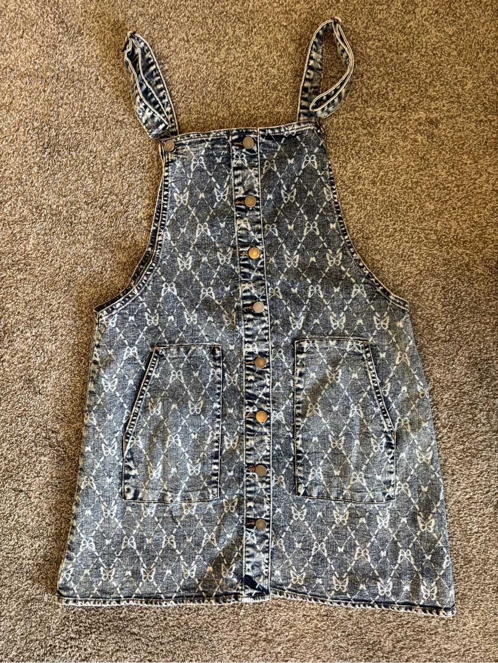 42.  Tinsel Town Denim Pinafore Dress with All-Over Butterfly Print